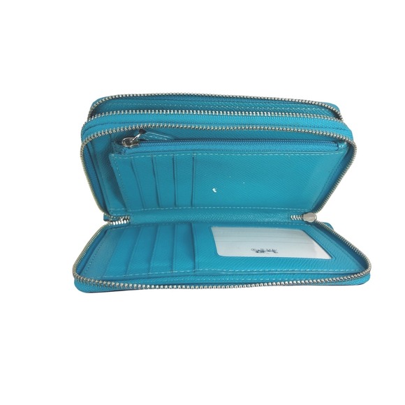 Coach Turquoise Crossgrain Leather Double Zip Around Wallet Silver Hardware - Picture 8 of 9